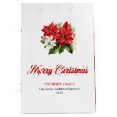 Stylish Red White Poinsettia Custom Name Gift Bag ミディアムペーパーバッグ (正面)