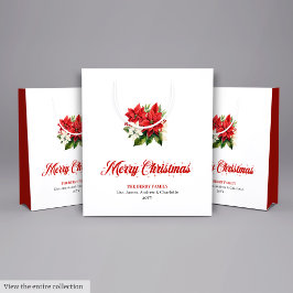 Stylish Red White Poinsettia Custom Name Gift Bag ミディアムペーパーバッグ