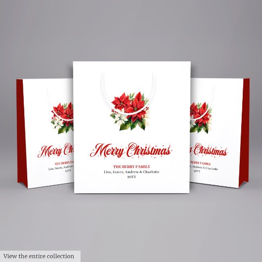 Stylish Red White Poinsettia Custom Name Gift Bag ミディアムペーパーバッグ