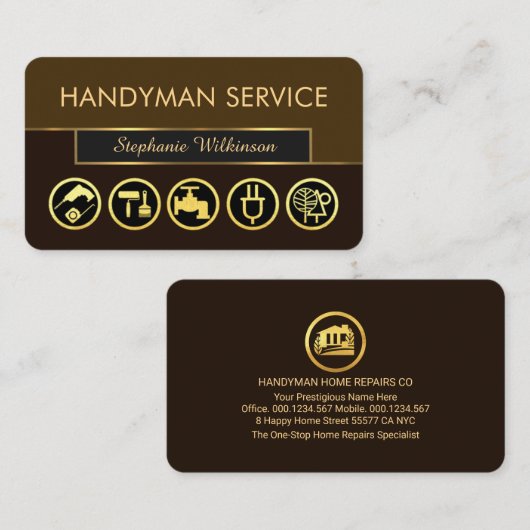 Stylish Retro Brown Shades Gold Handyman Tools 名刺 (正面/裏面)