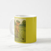 Stylish Retro Cat Playing Golf Custom Monogram コーヒーマグカップ (正面左)