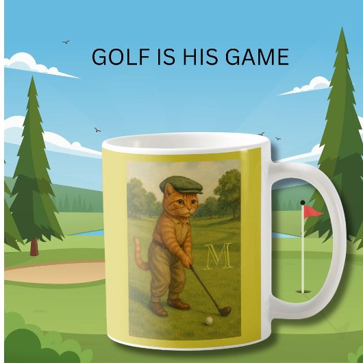Stylish Retro Cat Playing Golf Custom Monogram コーヒーマグカップ
