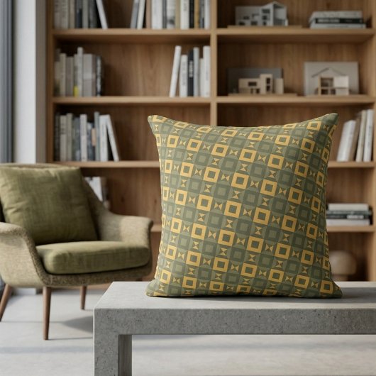 Stylish Retro Olive Green Gold Geometric Pattern クッション