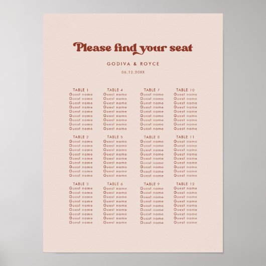 Stylish retro peach pink wedding seating chart ポスター (正面)
