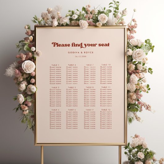 Stylish retro peach pink wedding seating chart ポスター
