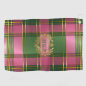 Stylish Rich Pink Green Plaid Crest Monogram ゴルフタオル (横)