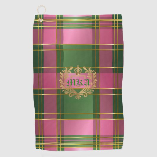 Stylish Rich Pink Green Plaid Crest Monogram ゴルフタオル (正面)