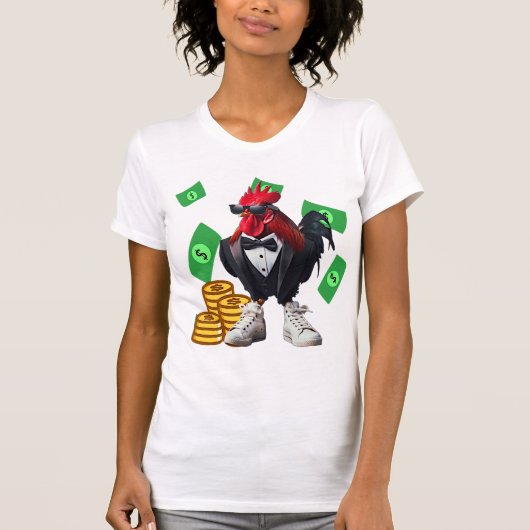 Stylish Rooster with Money and Sunglasses Tシャツ (正面)