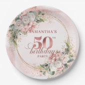 Stylish Rose Gold Blush Peonies 50th Birthday  ペーパープレート (正面)
