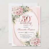 Stylish Rose Gold Floral 50th Birthday Party   招待状 (正面)