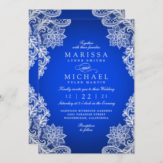 Stylish Royal Blue Floral Lace Wedding Invitation シーズンカード (正面/裏面)