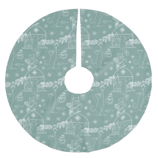 Stylish sage Hand drawn cats & Christmas tree  ブラッシュドポリエステルツリースカート (正面)