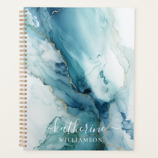 Stylish Script Blue&Gold Marble Custom Name プランナー手帳 (正面)