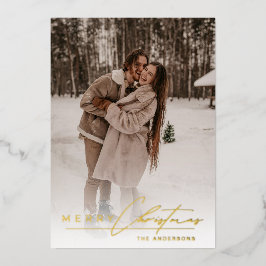 Stylish Script Elegant Photo Red Merry Christmas  箔シーズンカード