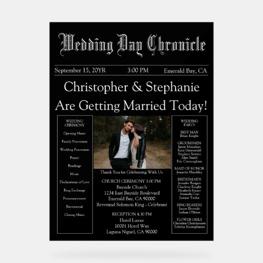 Stylish Script Minimal Newspaper Wedding Program アクリルサイン (正面)