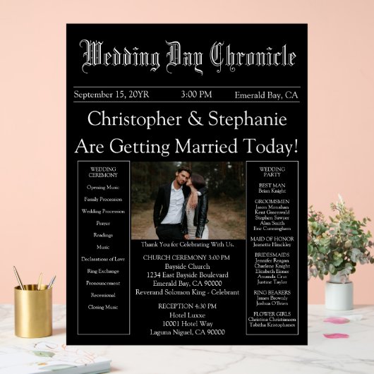 Stylish Script Minimal Newspaper Wedding Program アクリルサイン (ウェディング)