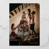 Stylish Script Minimalist 1 Photo Green Christmas 箔シーズンカード (正面)