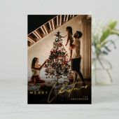 Stylish Script Minimalist 1 Photo Green Christmas 箔シーズンカード (立ち正面)