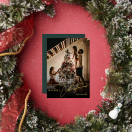 Stylish Script Minimalist 1 Photo Green Christmas 箔シーズンカード