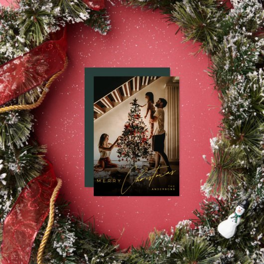 Stylish Script Minimalist 1 Photo Green Christmas 箔シーズンカード (インサイチュ)