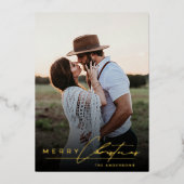 Stylish Script Minimalist 1 Photo Green Christmas 箔シーズンカード (正面)