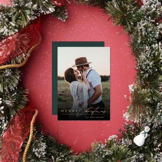 Stylish Script Minimalist 1 Photo Green Christmas 箔シーズンカード (インサイチュ)