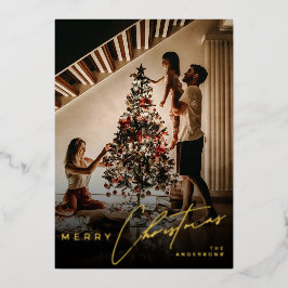 Stylish Script Minimalist 1 Photo Red Christmas 箔シーズンカード