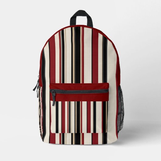 Stylish Striped Black Red Cream  プリントバックパック (正面)