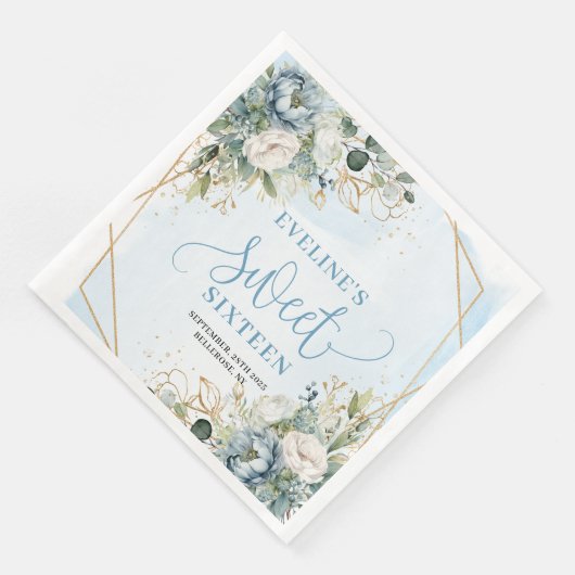 Stylish Sweet 16th Blue Floral Greenery Napkins (コーナー)