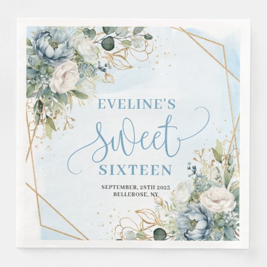 Stylish Sweet 16th Blue Floral Greenery Napkins (正面)