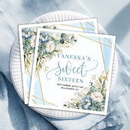 Stylish Sweet 16th Blue Floral Greenery Napkins