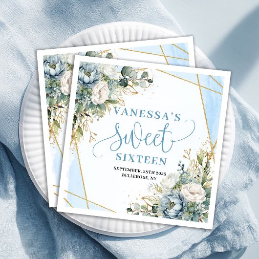 Stylish Sweet 16th Blue Floral Greenery Napkins