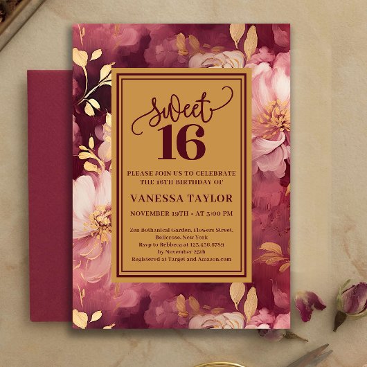 Stylish Sweet Sixteen Marsala Blush Gold Invite 招待状