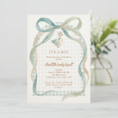 Stylish Sweet Teal Bow Goose Baby Shower TMF26 招待状 (スタンド正面)