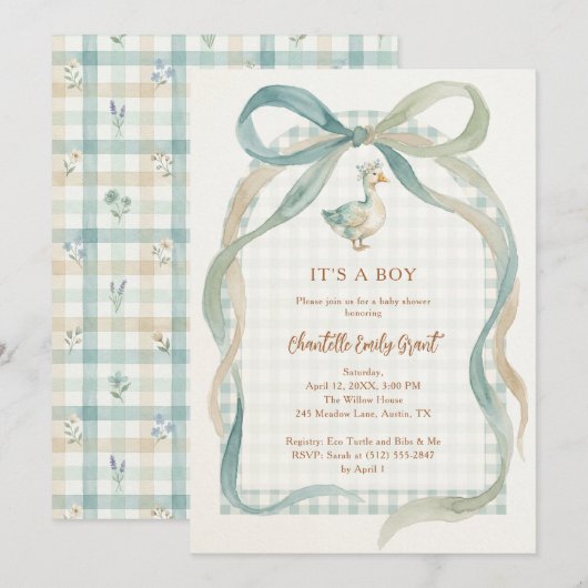 Stylish Sweet Teal Bow Goose Baby Shower TMF26 招待状 (正面/裏面)