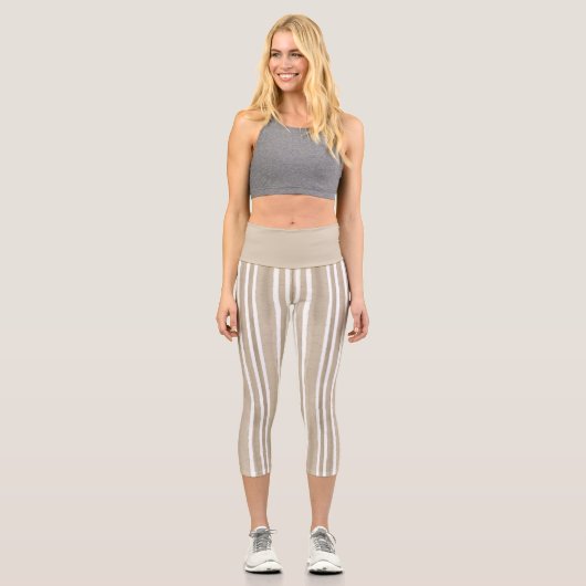 Stylish Taupe Hand Painted Striped Yoga Exercise カプリレギンス (正面)