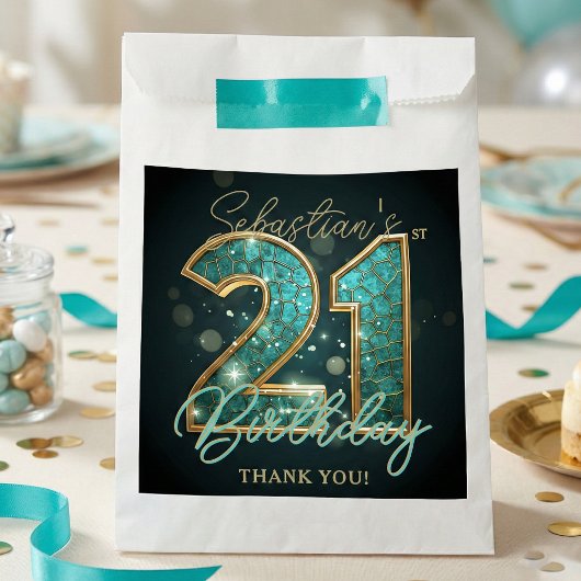 Stylish Teal Gold Mosaic Geometric 21st Birthday フェイバーバッグ