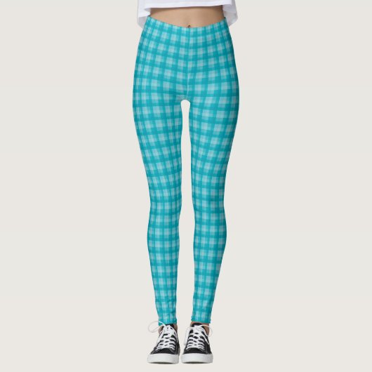 Stylish teal plaid geometric patterned レギンス (正面)