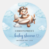 Stylish Teddy Bear Pilot Airplane Blue Brown Baby  ラウンドシール (正面)