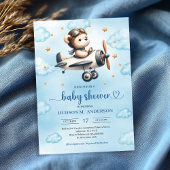 Stylish Teddy Bear Pilot Blue Gold Baby Shower 招待状