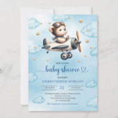 Stylish Teddy Bear Pilot Blue Gold Baby Shower 招待状 (正面)