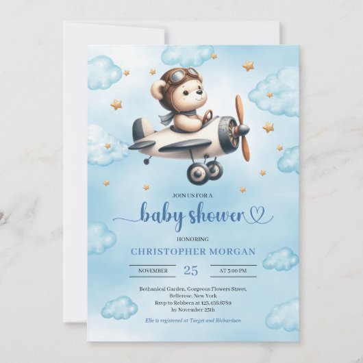 Stylish Teddy Bear Pilot Blue Gold Baby Shower  招待状 (正面)