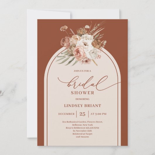 Stylish Terracotta Pampas Grass Boho Bridal Shower 招待状 (正面)