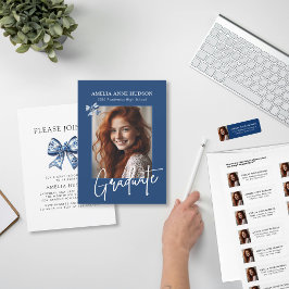 Stylish Trendy Blue Bows 2026 Graduate Photo 招待状