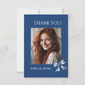 Stylish Trendy Blue Bows Graduation Photo サンキューカード (正面)