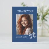 Stylish Trendy Blue Bows Graduation Photo サンキューカード (スタンド正面)