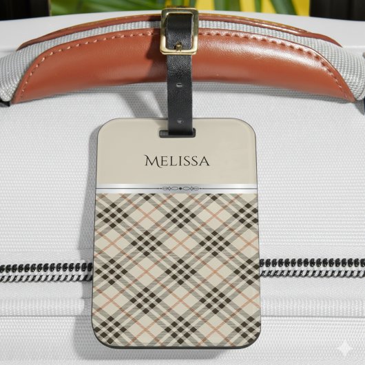 Stylish Trendy Travel Beige Plaid Monogram ラゲッジタグ