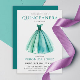 Stylish Turquoise Sky Dress Quinceañera Watercolor 招待状