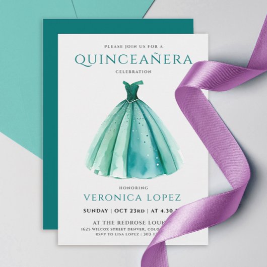 Stylish Turquoise Sky Dress Quinceañera Watercolor 招待状