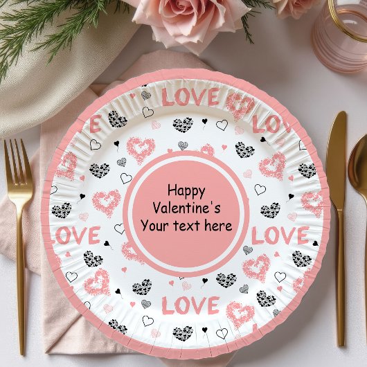 Stylish Valentine Pink Black Heart Art Paper Plate ペーパープレート